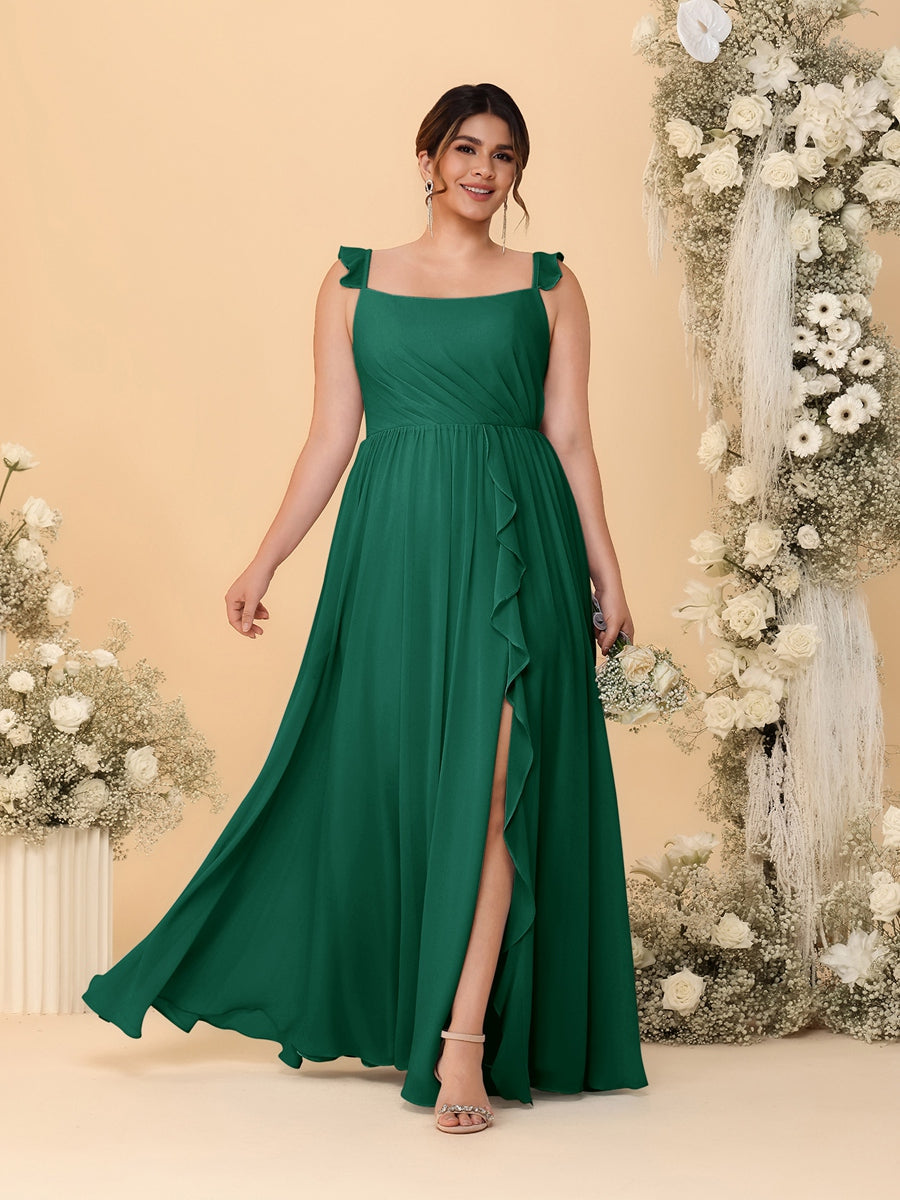 A-Line/Princess Square Neck Sleeveless Plus Size Bridesmaid Dresses With Side Slit & Ruffles Dark Green