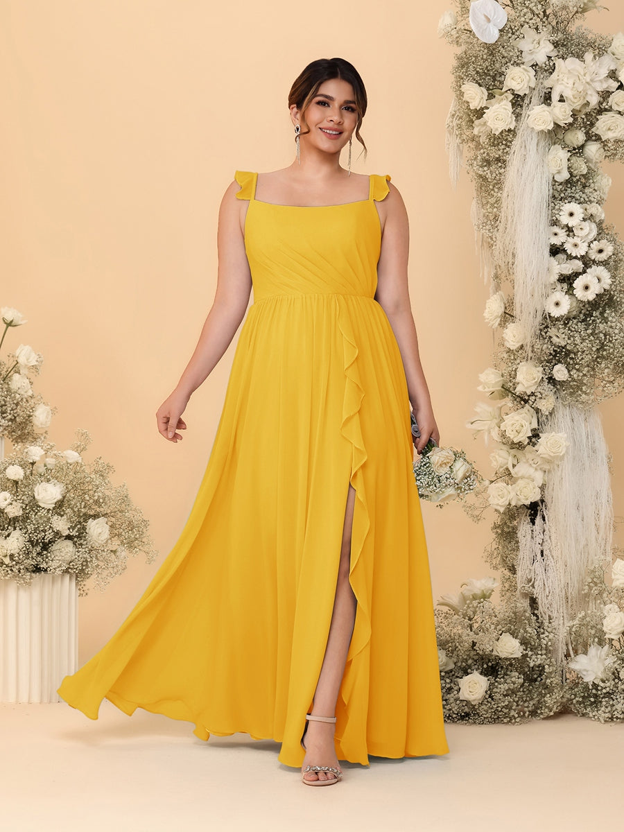 A-Line/Princess Square Neck Sleeveless Plus Size Bridesmaid Dresses With Side Slit & Ruffles Gold
