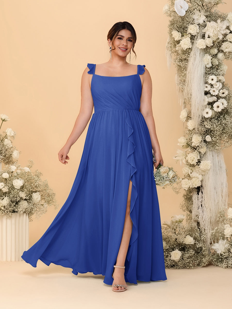A-Line/Princess Square Neck Sleeveless Plus Size Bridesmaid Dresses With Side Slit & Ruffles Light Royal Blue