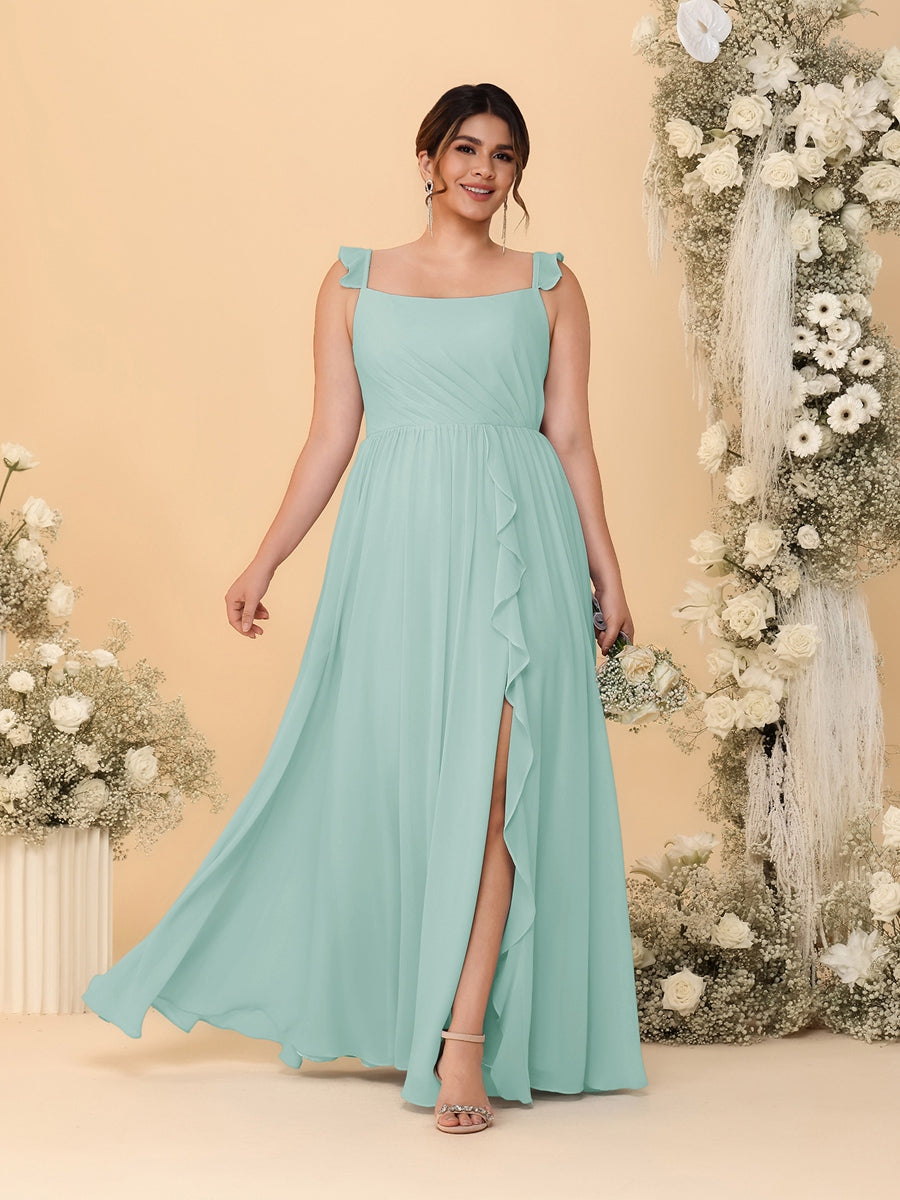 A-Line/Princess Square Neck Sleeveless Plus Size Bridesmaid Dresses With Side Slit & Ruffles Mist Blue