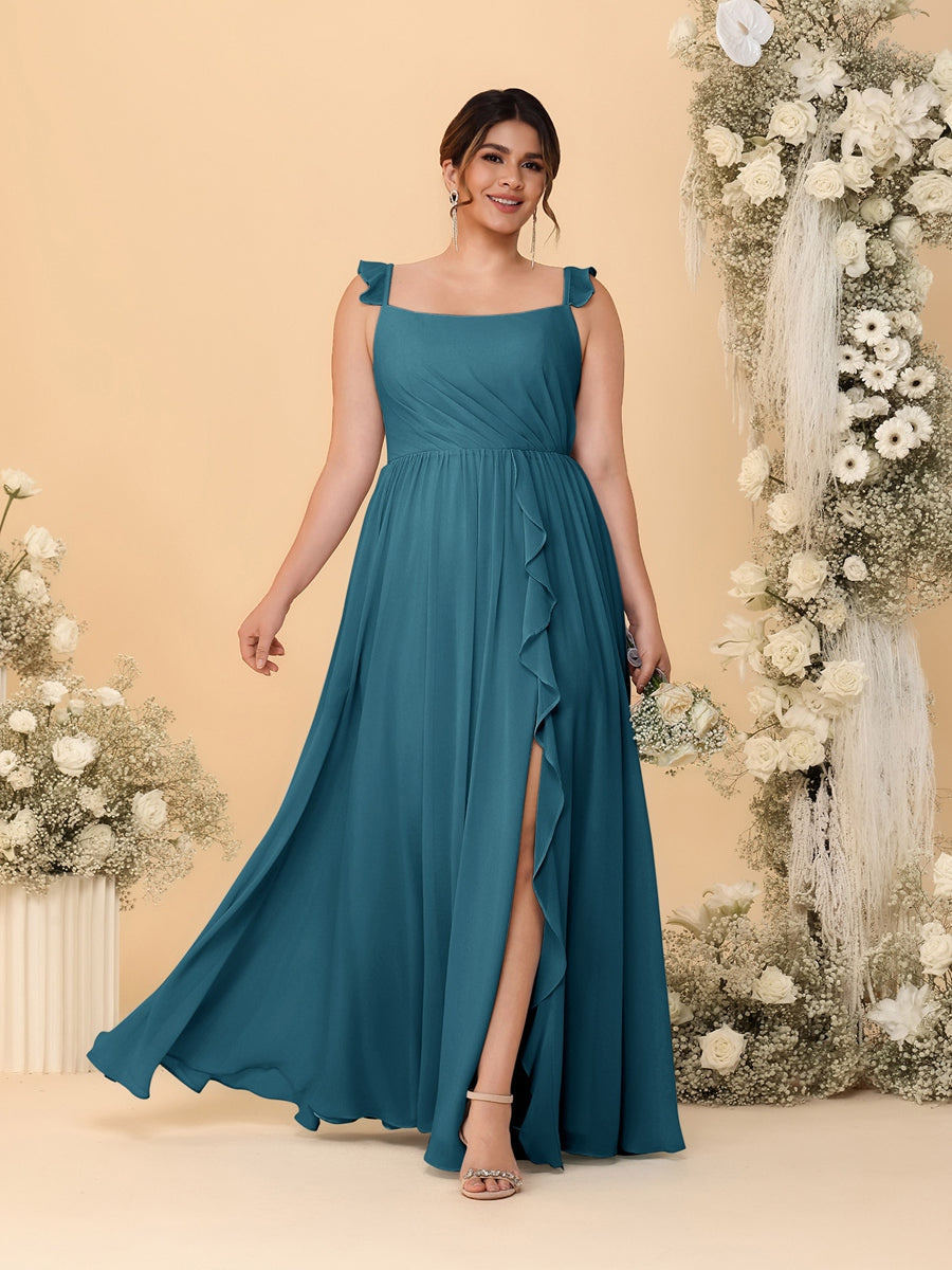 A-Line/Princess Square Neck Sleeveless Plus Size Bridesmaid Dresses With Side Slit & Ruffles Teal