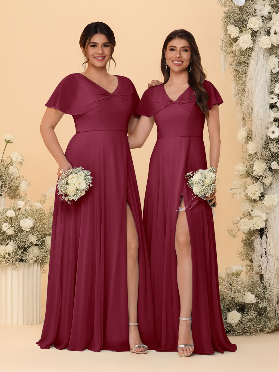 A-Line/Princess V-Neck Short Sleeves Long Chiffon Bridesmaid Dresses With Side Slit Light Burgundy