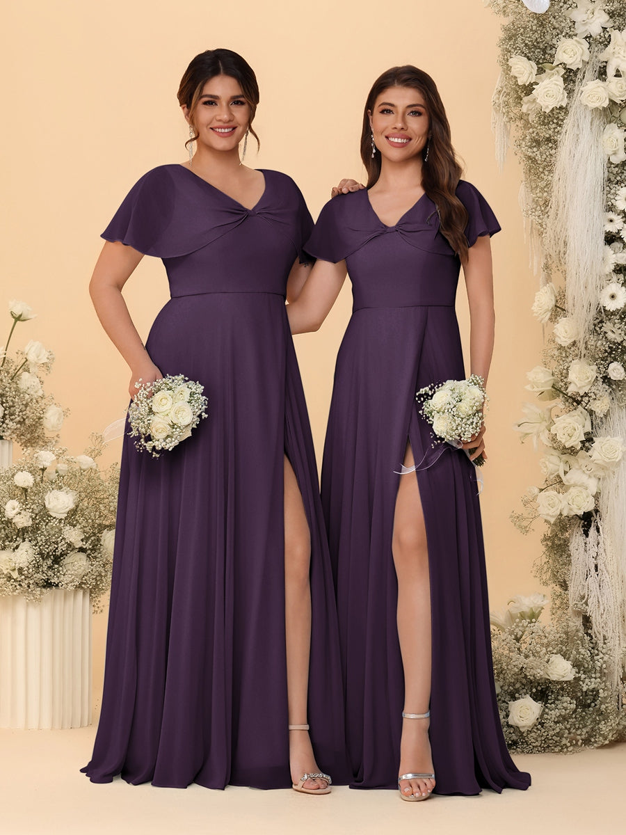 A-Line/Princess V-Neck Short Sleeves Long Chiffon Bridesmaid Dresses With Side Slit Plum