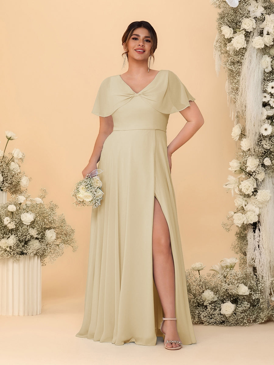 A-Line/Princess V-Neck Short Sleeves Plus Size Bridesmaid Dresses With Side Slit Champagne