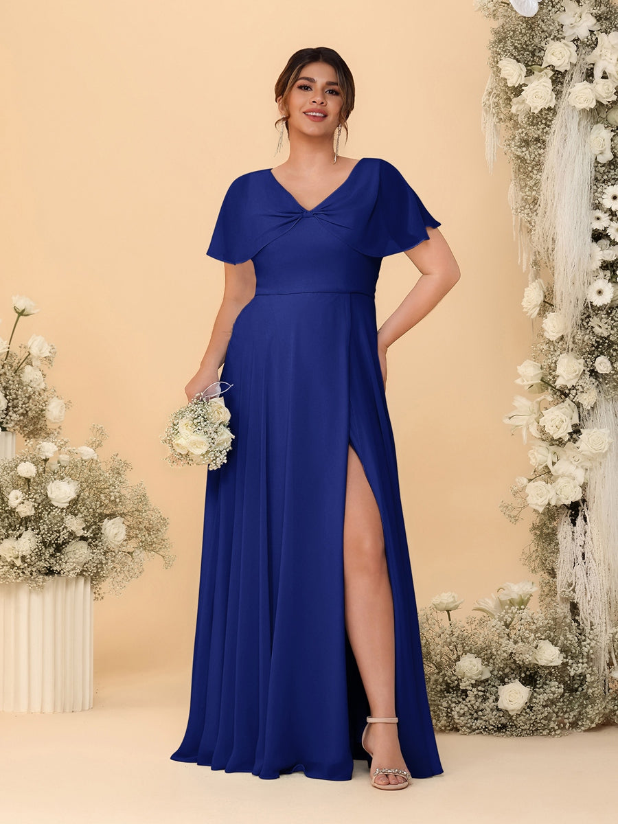 A-Line/Princess V-Neck Short Sleeves Plus Size Bridesmaid Dresses With Side Slit Dark Royal Blue