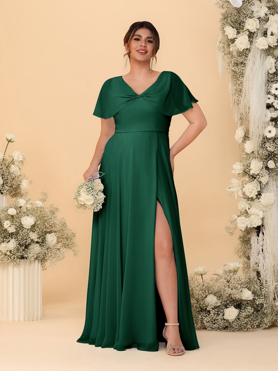A-Line/Princess V-Neck Short Sleeves Plus Size Bridesmaid Dresses With Side Slit Emerald