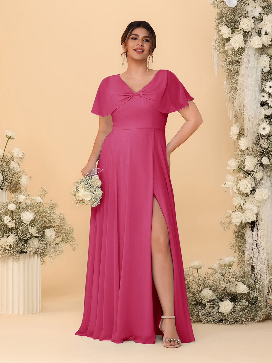 A-Line/Princess V-Neck Short Sleeves Plus Size Bridesmaid Dresses With Side Slit Fuchsia