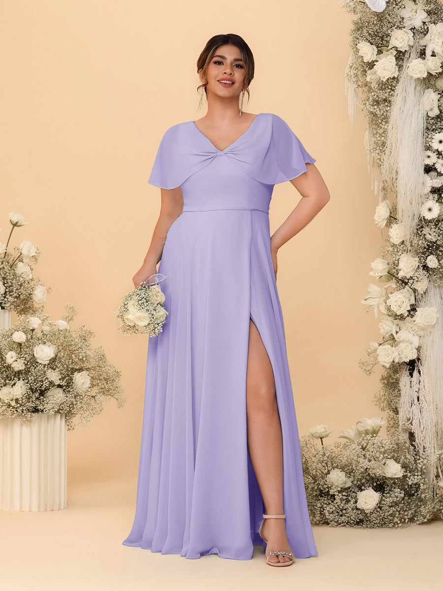 A-Line/Princess V-Neck Short Sleeves Plus Size Bridesmaid Dresses With Side Slit Lilac