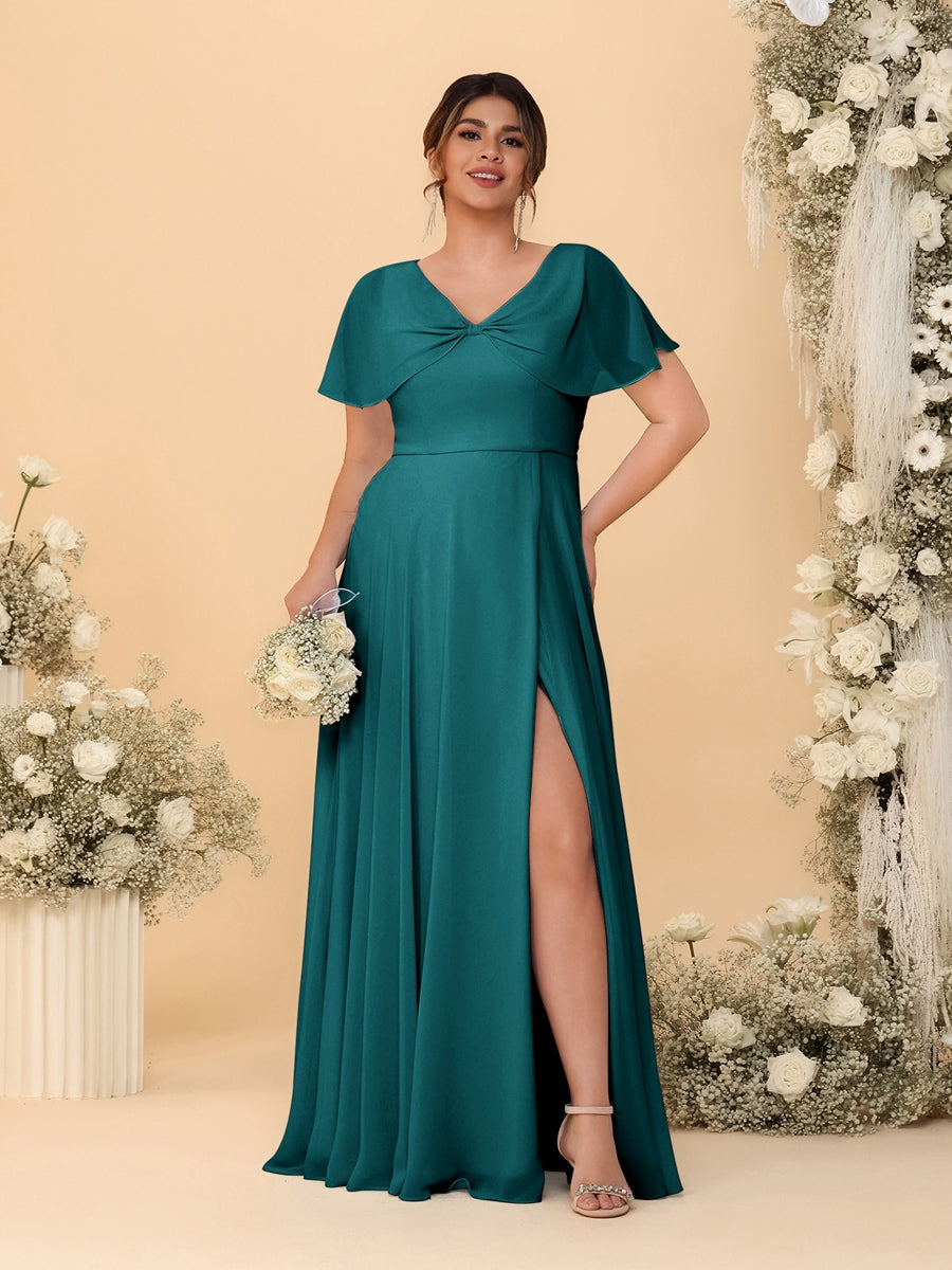 A-Line/Princess V-Neck Short Sleeves Plus Size Bridesmaid Dresses With Side Slit Peacock