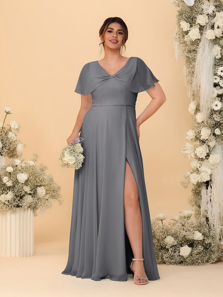 A-Line/Princess V-Neck Short Sleeves Plus Size Bridesmaid Dresses With Side Slit Silver Gray