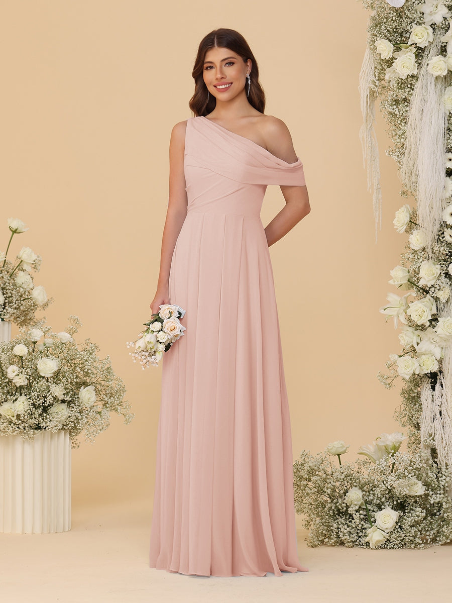 A-Line/Princess One-Shoulder Floor-Length Bridesmaid Dresses With Watteau Train Blush Pink
