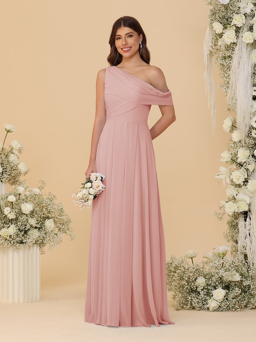 A-Line/Princess One-Shoulder Floor-Length Bridesmaid Dresses With Watteau Train Dusty Rose