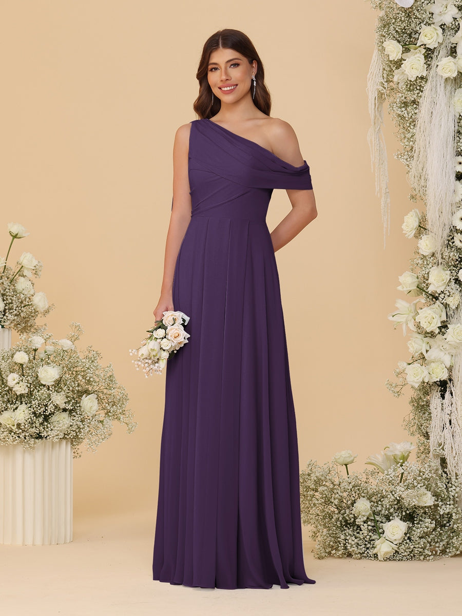 A-Line/Princess One-Shoulder Floor-Length Bridesmaid Dresses With Watteau Train Grape
