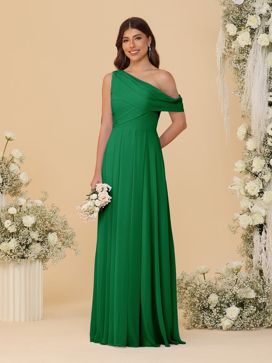 A-Line/Princess One-Shoulder Floor-Length Bridesmaid Dresses With Watteau Train Green