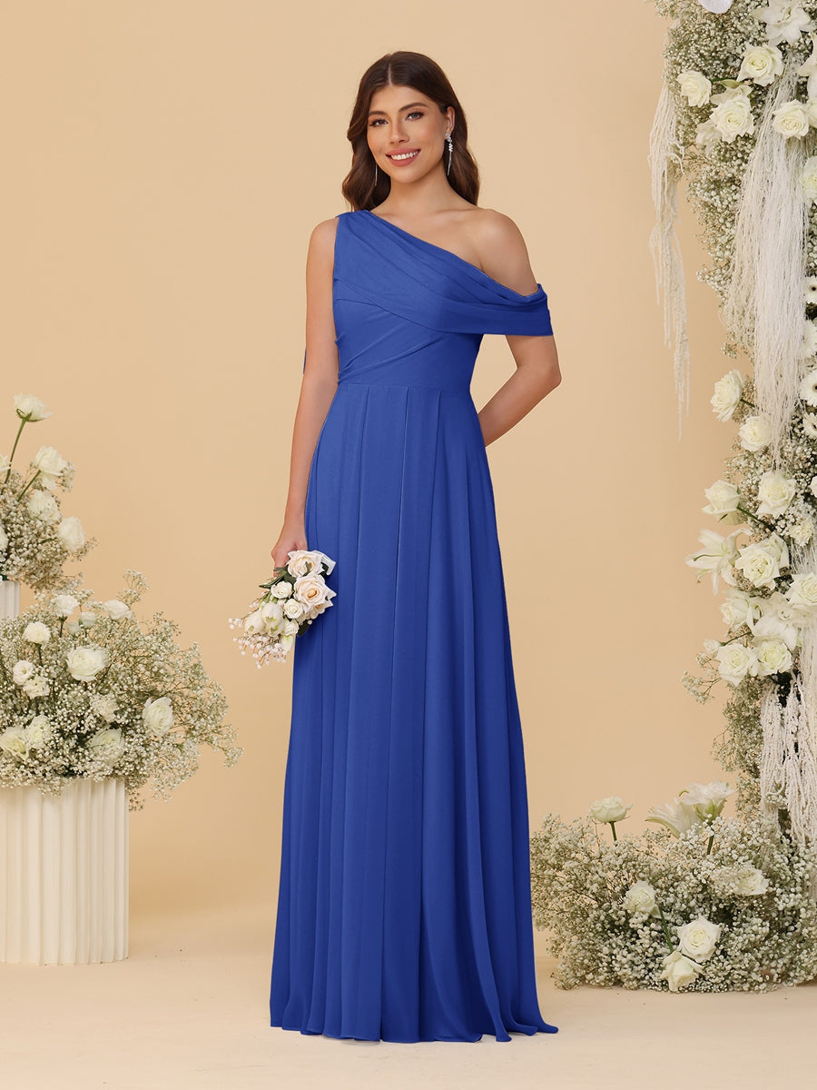 A-Line/Princess One-Shoulder Floor-Length Bridesmaid Dresses With Watteau Train Light Royal Blue