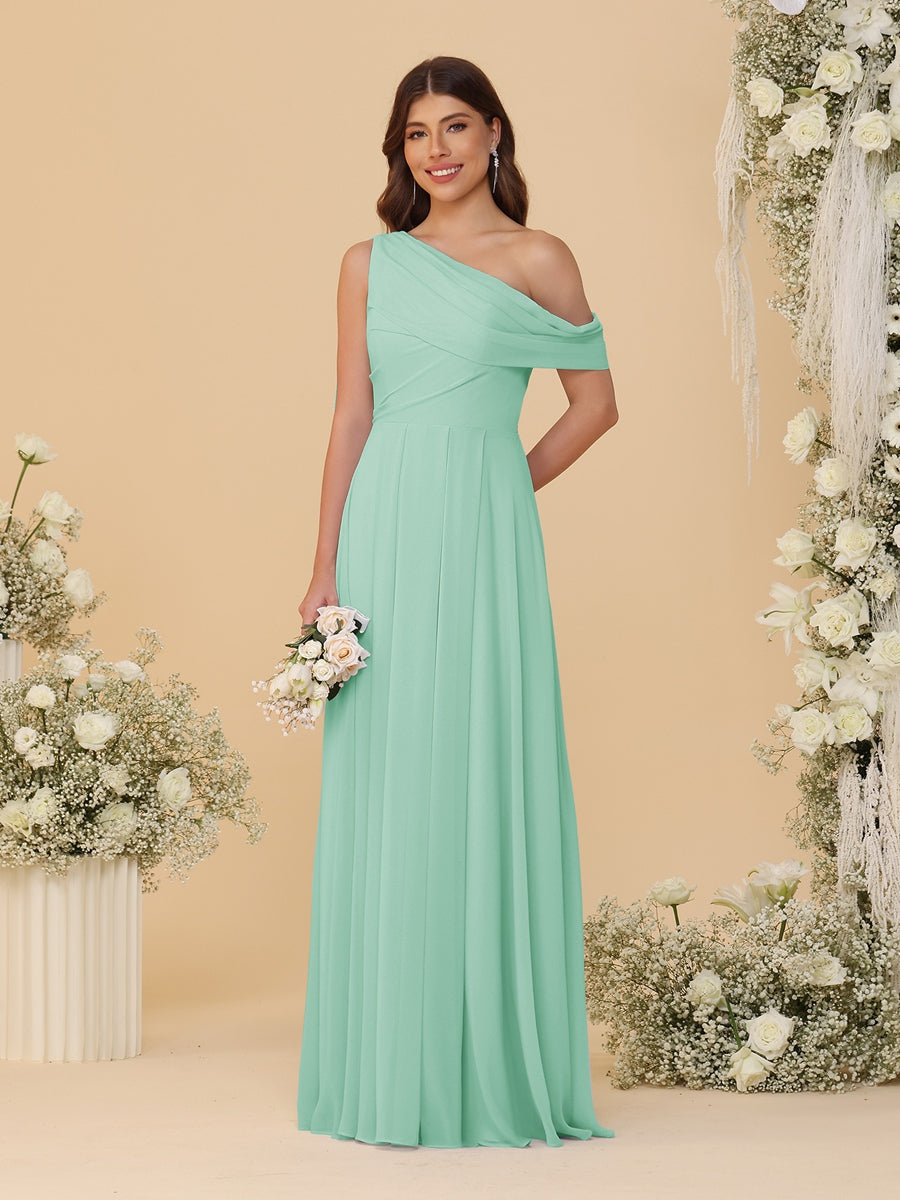 A-Line/Princess One-Shoulder Floor-Length Bridesmaid Dresses With Watteau Train Mint Green