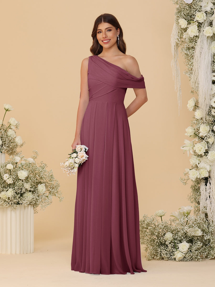 A-Line/Princess One-Shoulder Floor-Length Bridesmaid Dresses With Watteau Train Mulberry