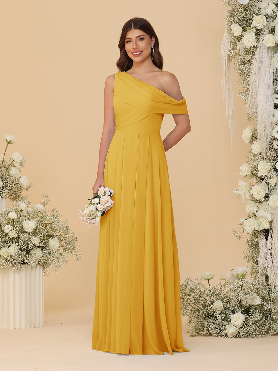 A-Line/Princess One-Shoulder Floor-Length Bridesmaid Dresses With Watteau Train Mustard Yellow