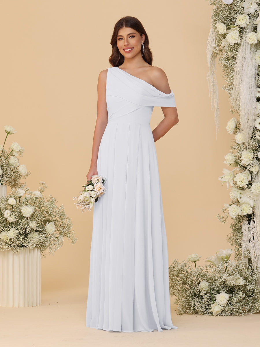 A-Line/Princess One-Shoulder Floor-Length Bridesmaid Dresses With Watteau Train White