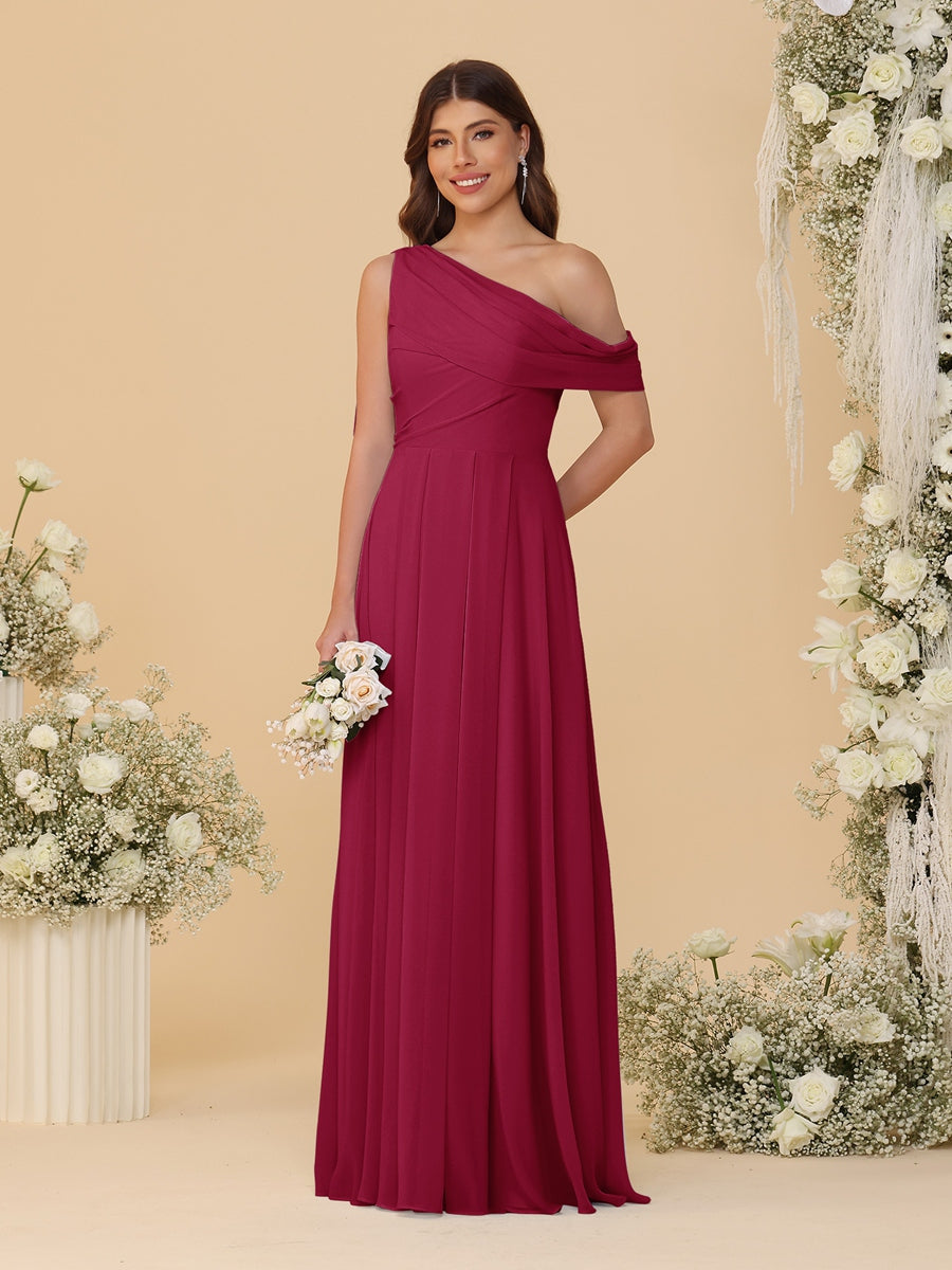 A-Line/Princess One-Shoulder Floor-Length Bridesmaid Dresses With Watteau Train Wine Red
