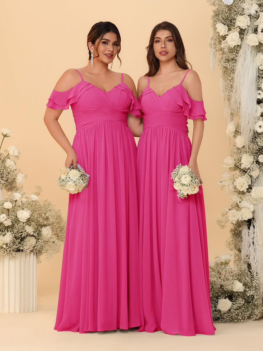 A-Line/Princess V-Neck Spaghetti Straps Chiffon Ruched Bridesmaid Dresses Hot Pink