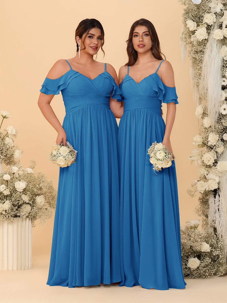 A-Line/Princess V-Neck Spaghetti Straps Chiffon Ruched Bridesmaid Dresses Ocean Blue