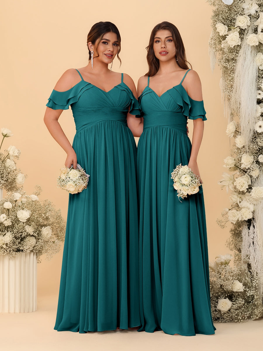 A-Line/Princess V-Neck Spaghetti Straps Chiffon Ruched Bridesmaid Dresses Peacock