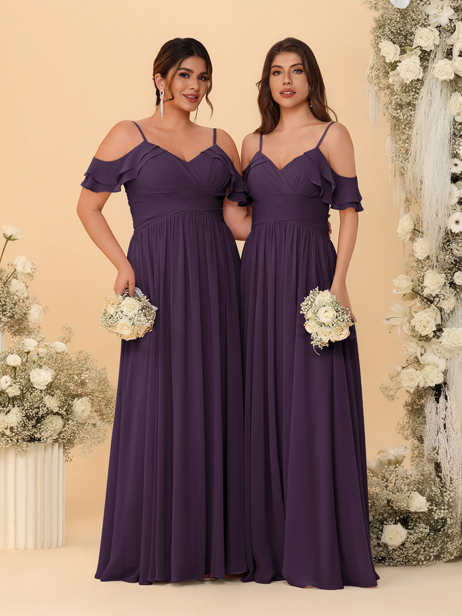 A-Line/Princess V-Neck Spaghetti Straps Chiffon Ruched Bridesmaid Dresses Plum