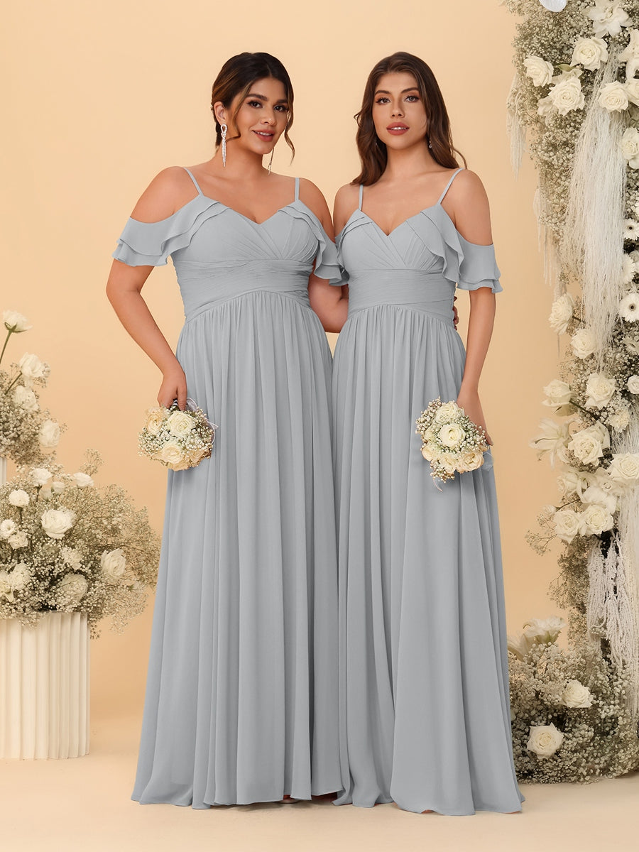 A-Line/Princess V-Neck Spaghetti Straps Chiffon Ruched Bridesmaid Dresses Silver