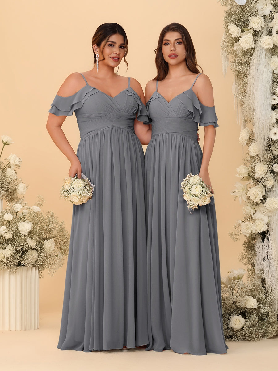 A-Line/Princess V-Neck Spaghetti Straps Chiffon Ruched Bridesmaid Dresses Silver Gray