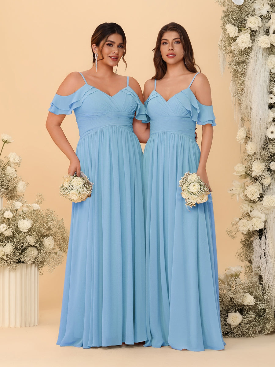 A-Line/Princess V-Neck Spaghetti Straps Chiffon Ruched Bridesmaid Dresses Sky Blue