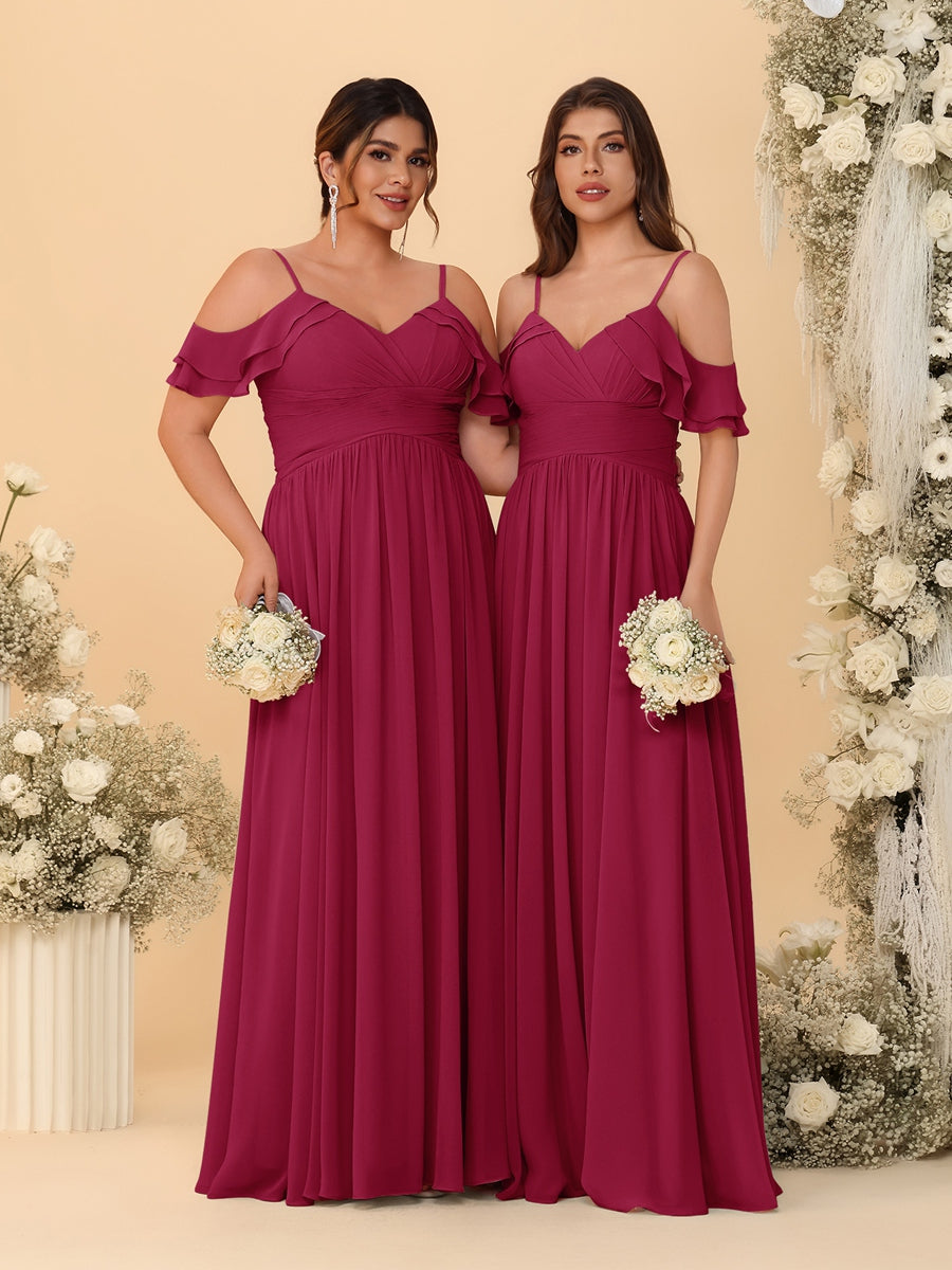 A-Line/Princess V-Neck Spaghetti Straps Chiffon Ruched Bridesmaid Dresses Wine Red