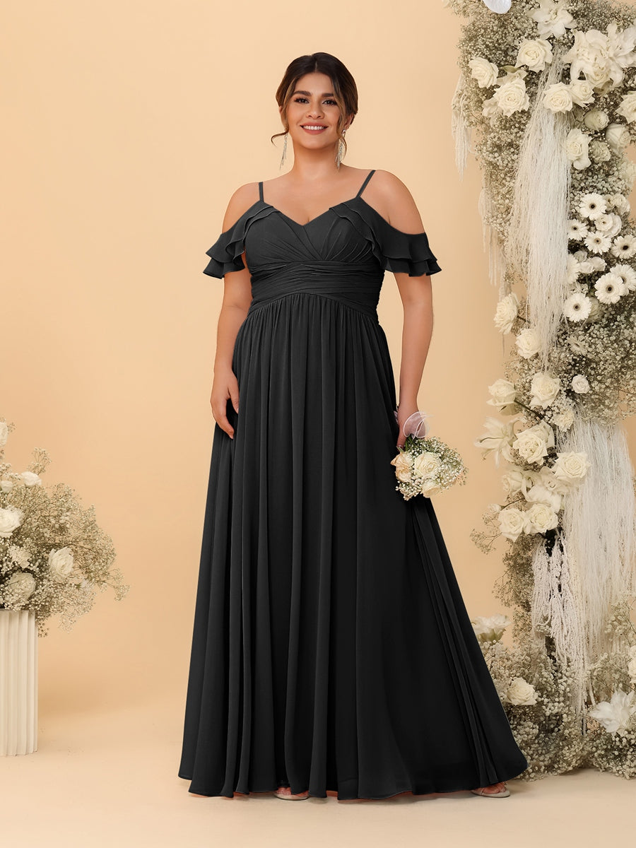 A-Line/Princess V-Neck Spaghetti Straps Chiffon Ruched Plus Size Bridesmaid Dresses Black