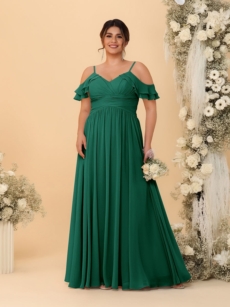 A-Line/Princess V-Neck Spaghetti Straps Chiffon Ruched Plus Size Bridesmaid Dresses Dark Green