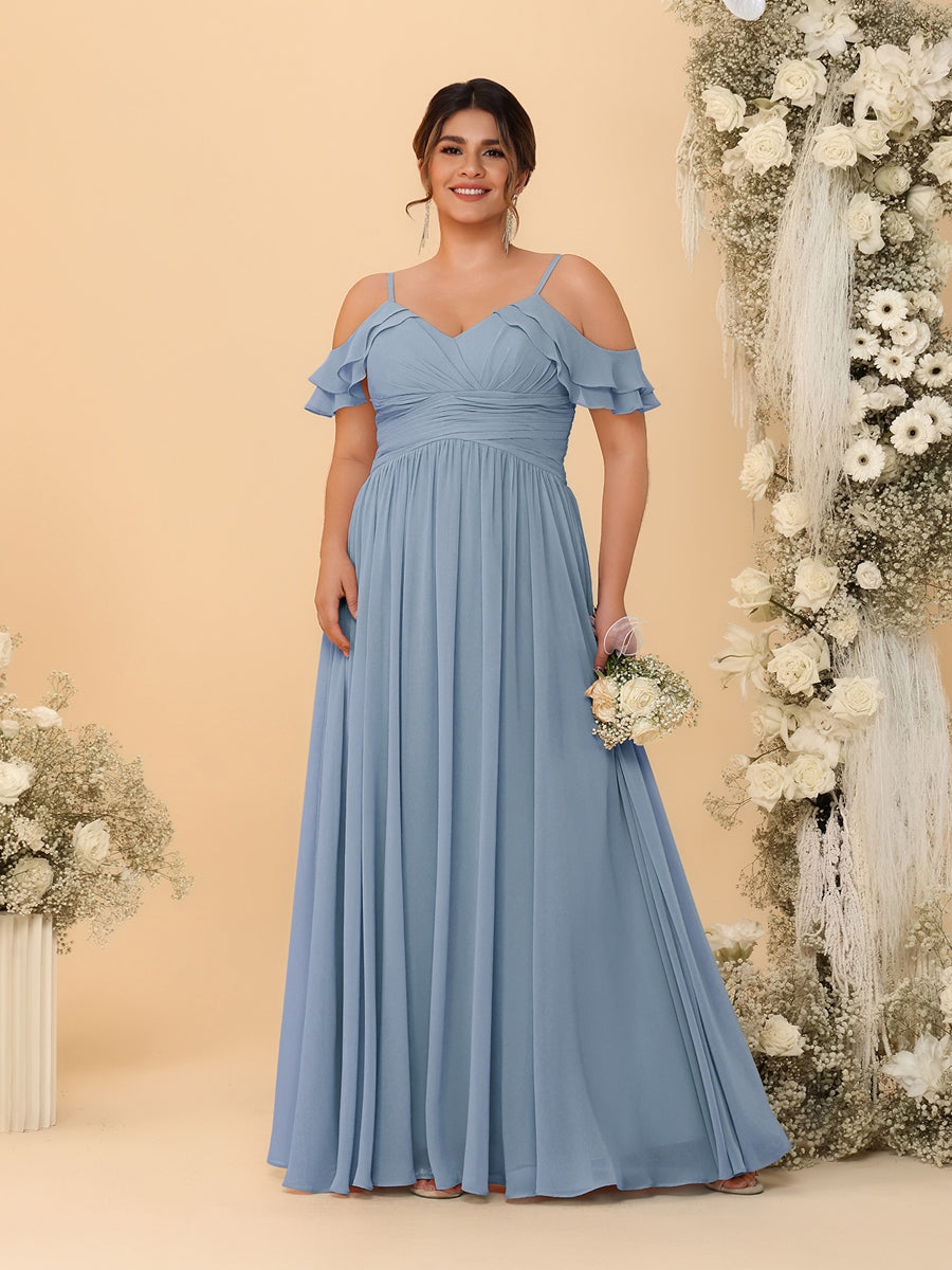 A-Line/Princess V-Neck Spaghetti Straps Chiffon Ruched Plus Size Bridesmaid Dresses Dusty Blue