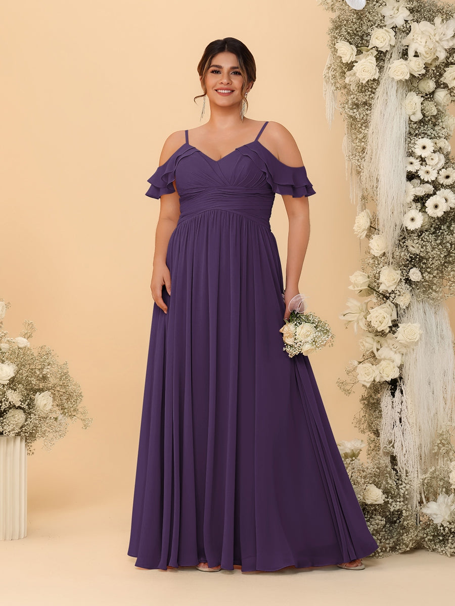 A-Line/Princess V-Neck Spaghetti Straps Chiffon Ruched Plus Size Bridesmaid Dresses Grape