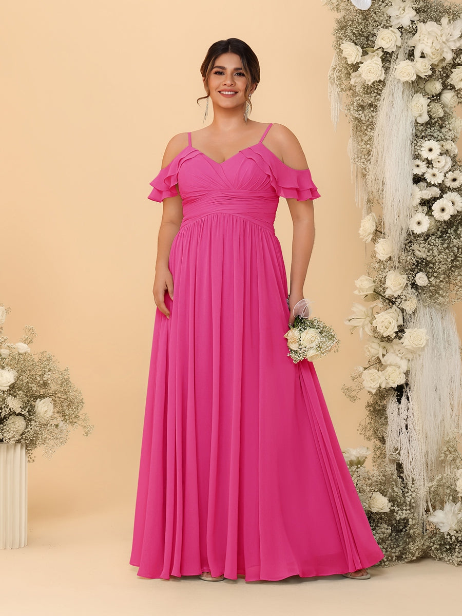 A-Line/Princess V-Neck Spaghetti Straps Chiffon Ruched Plus Size Bridesmaid Dresses Hot Pink