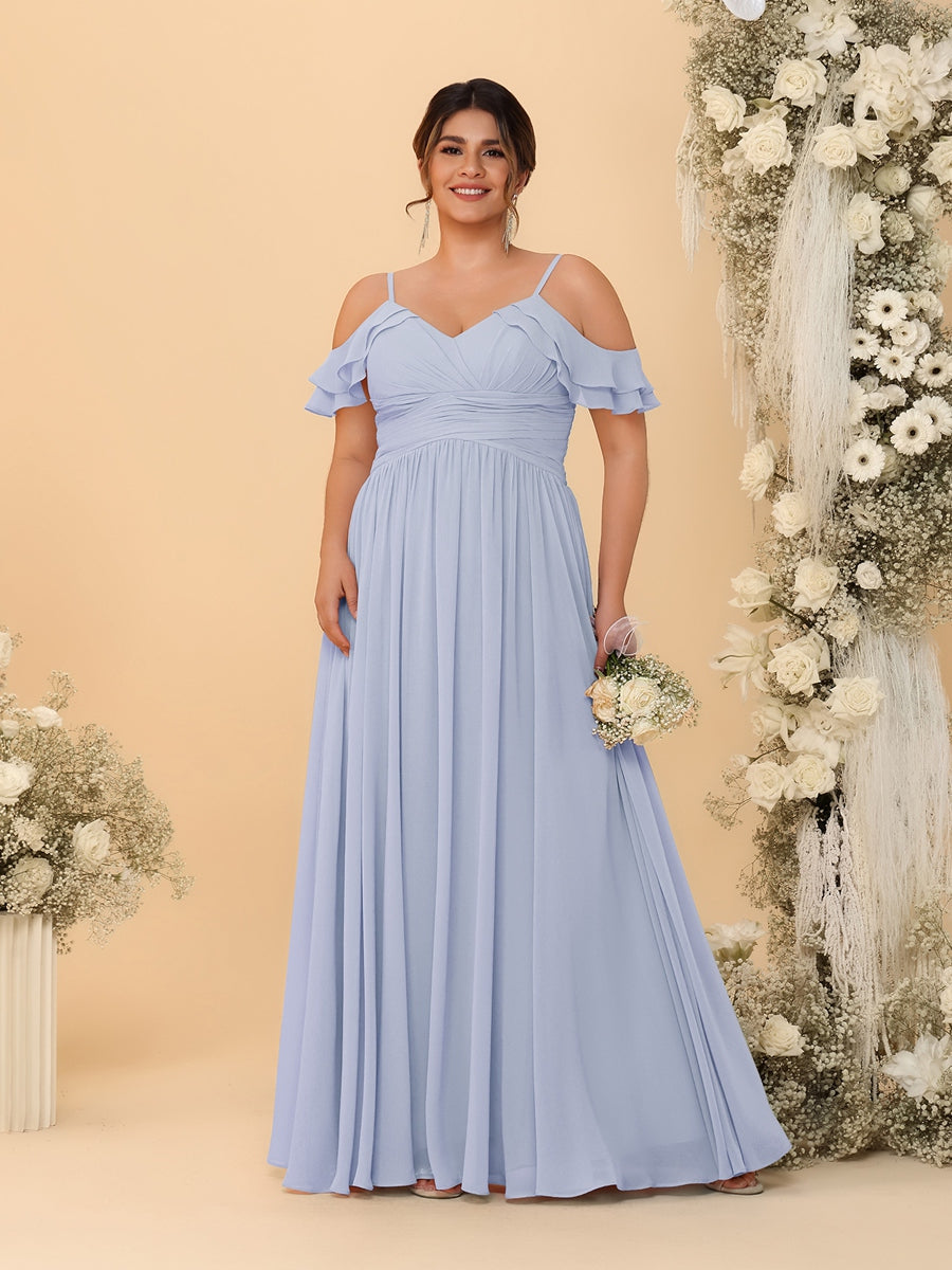 A-Line/Princess V-Neck Spaghetti Straps Chiffon Ruched Plus Size Bridesmaid Dresses Lavender