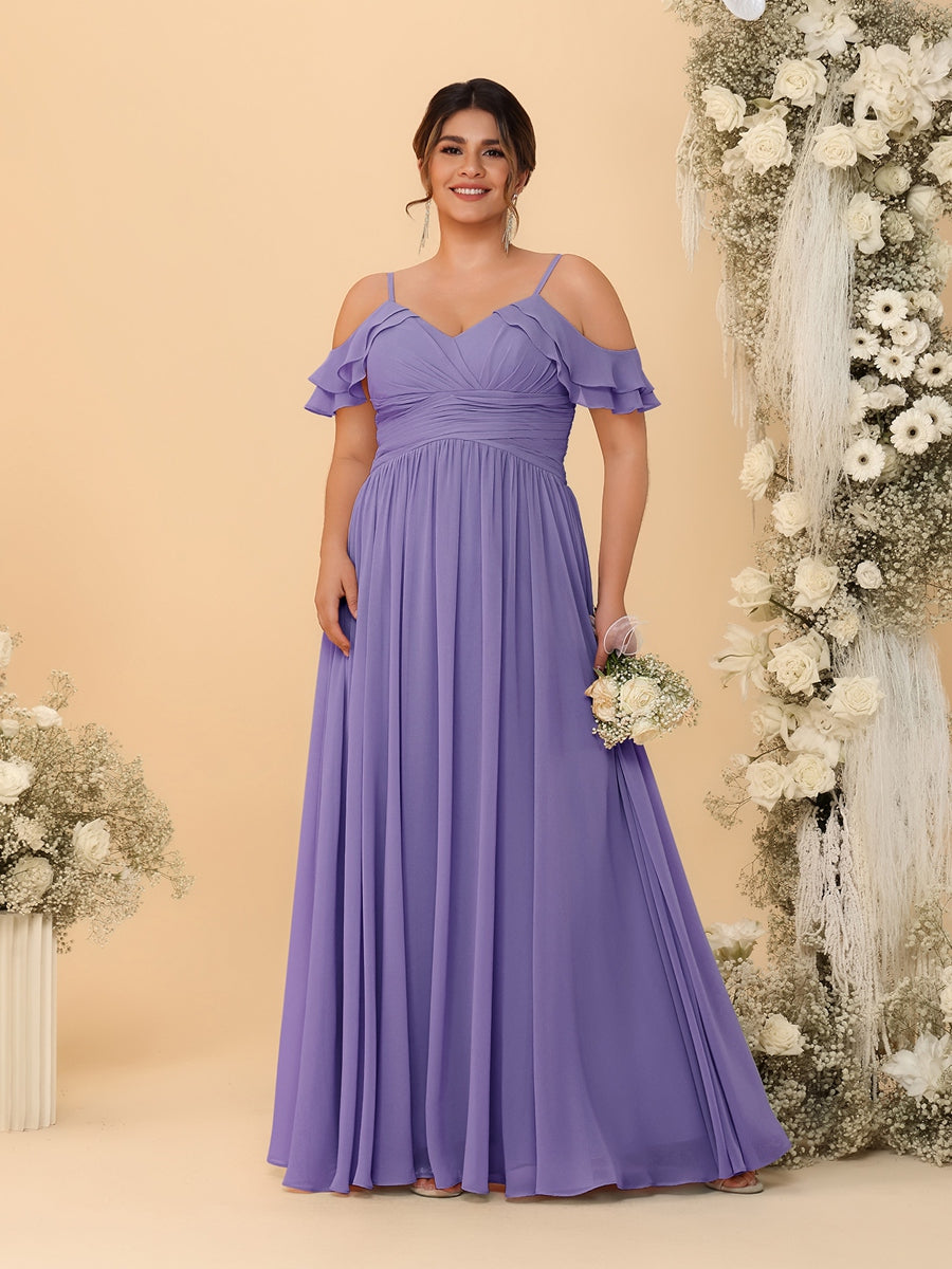 A-Line/Princess V-Neck Spaghetti Straps Chiffon Ruched Plus Size Bridesmaid Dresses Light Purple