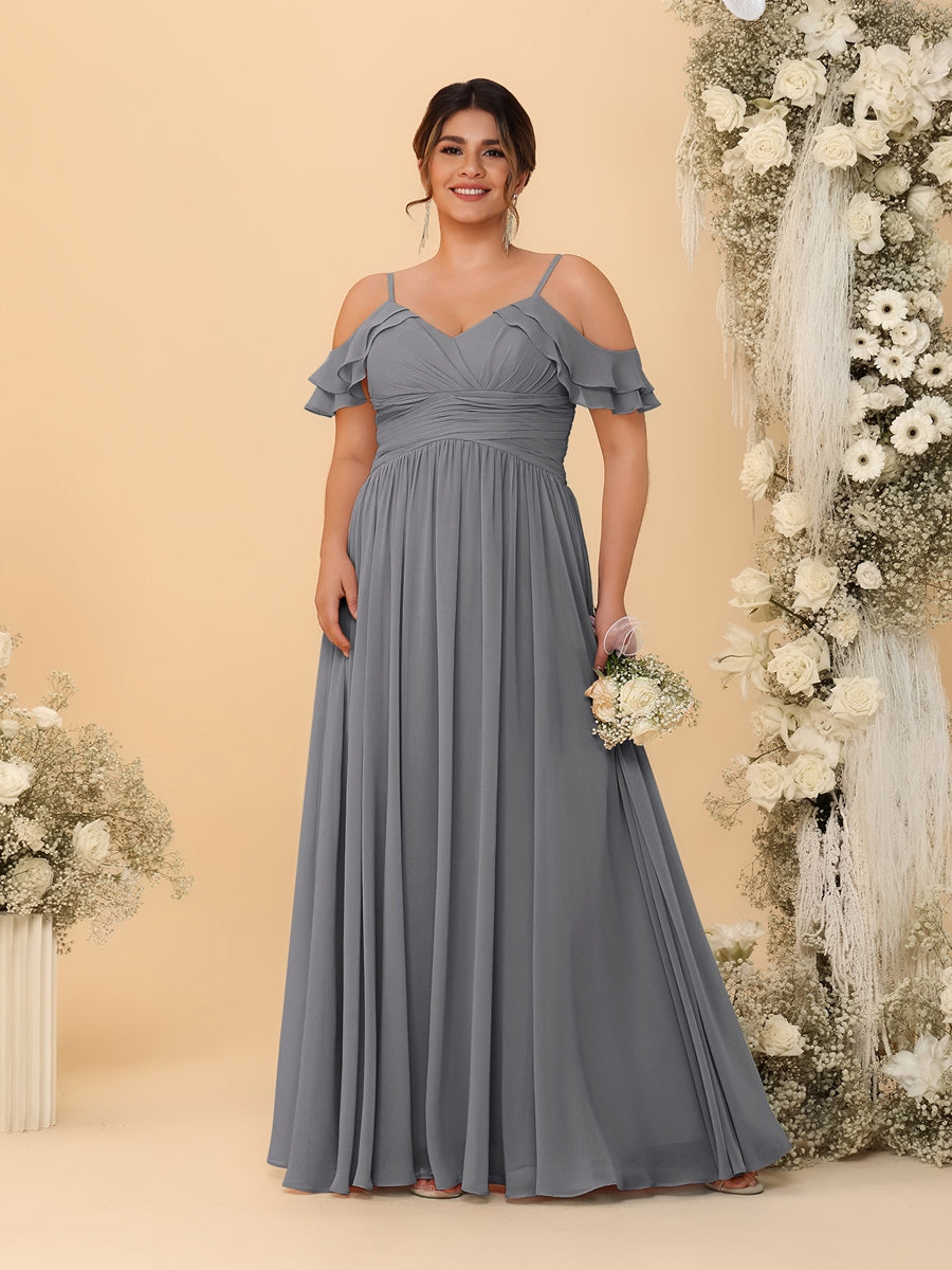 A-Line/Princess V-Neck Spaghetti Straps Chiffon Ruched Plus Size Bridesmaid Dresses Silver Gray