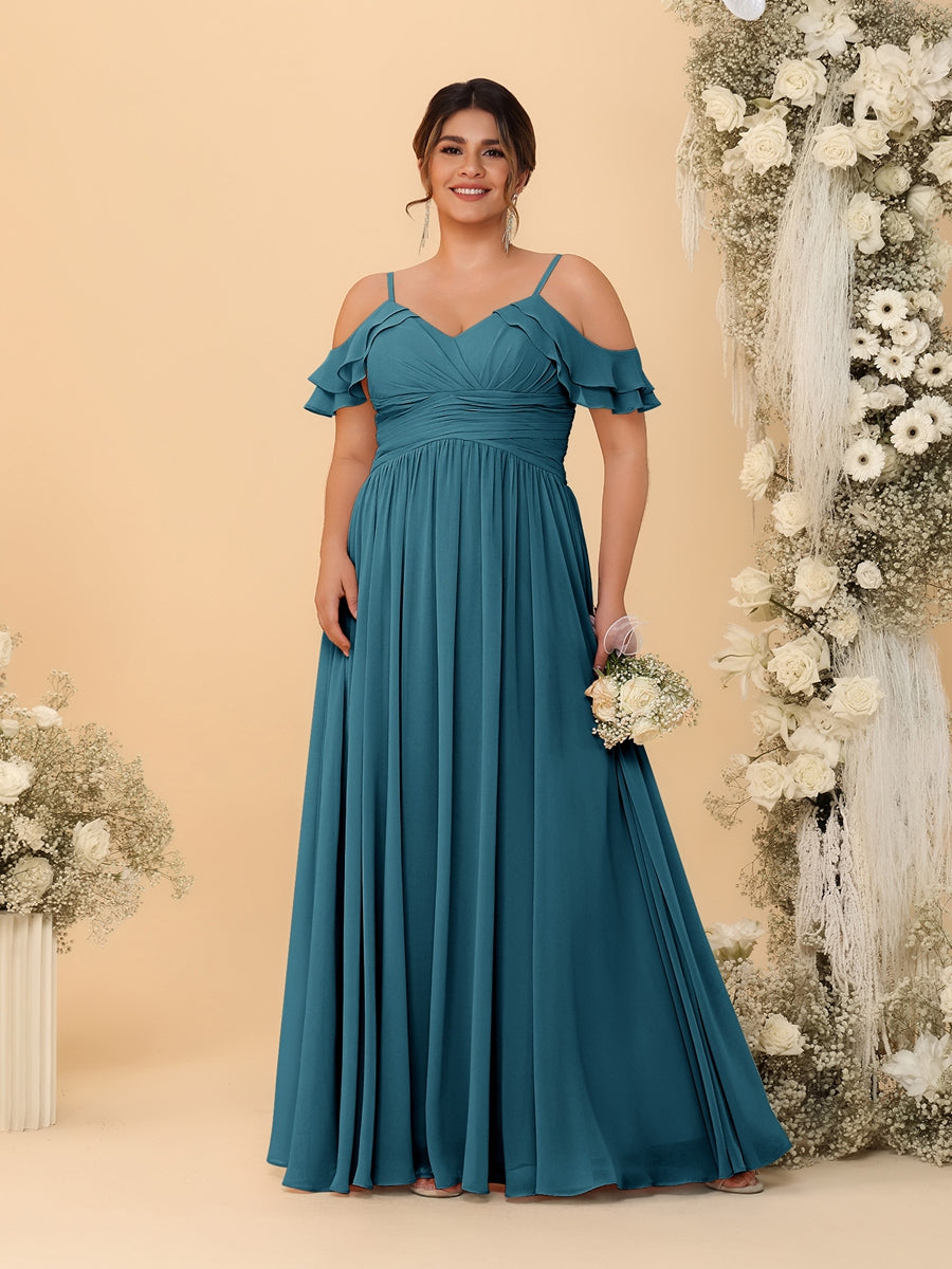 A-Line/Princess V-Neck Spaghetti Straps Chiffon Ruched Plus Size Bridesmaid Dresses Teal