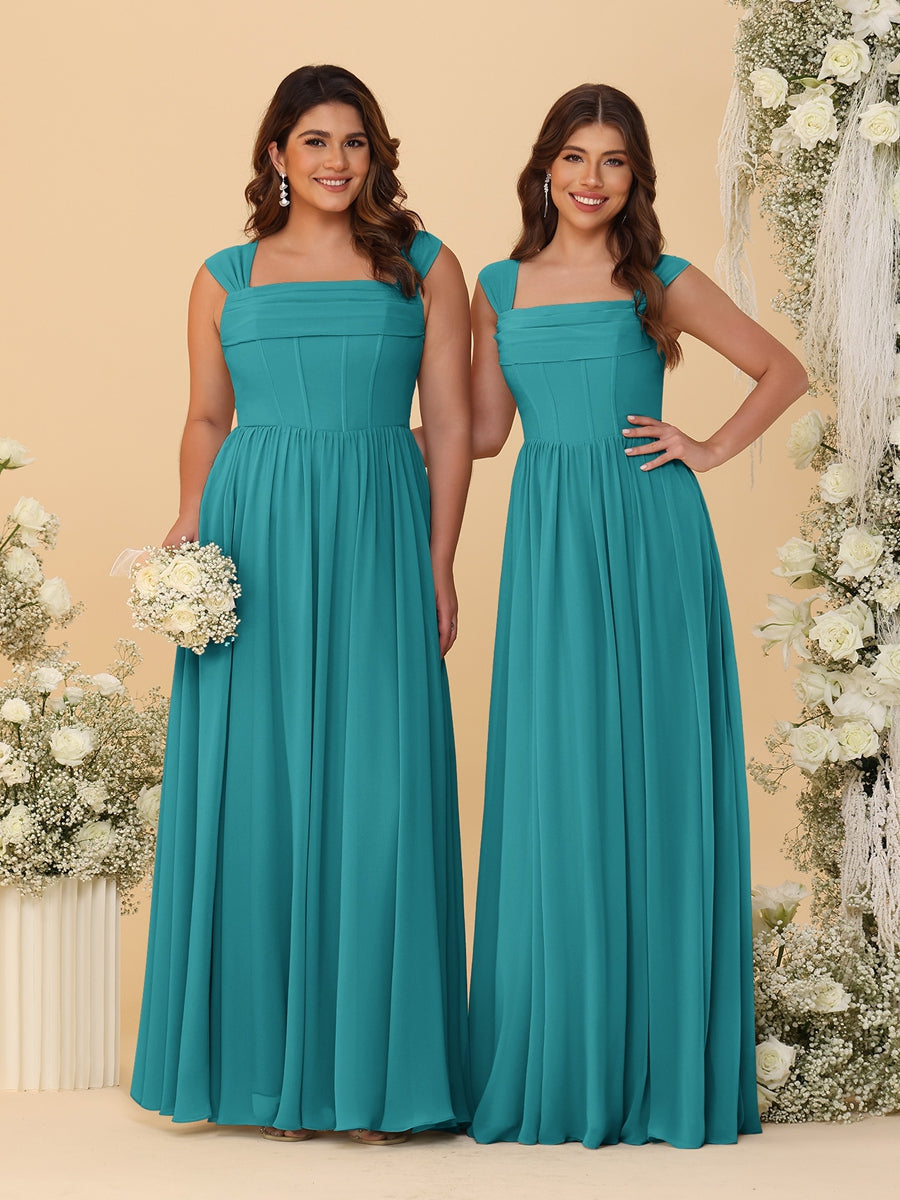 Chiffon A-Line/Princess Square Neck Sleeveless Bridesmaid Dresses with Pleats Aqua Blue