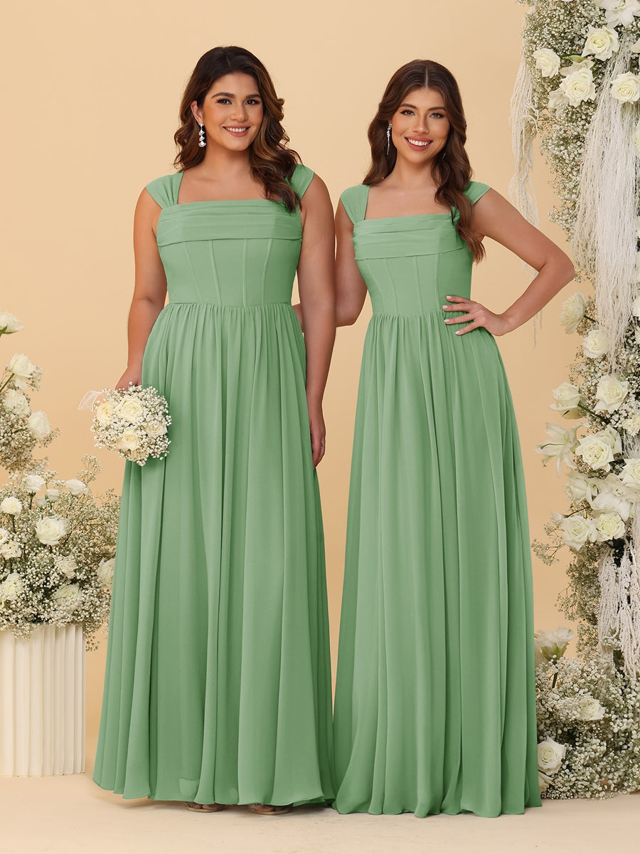 Chiffon A-Line/Princess Square Neck Sleeveless Bridesmaid Dresses with Pleats Dusty Sage
