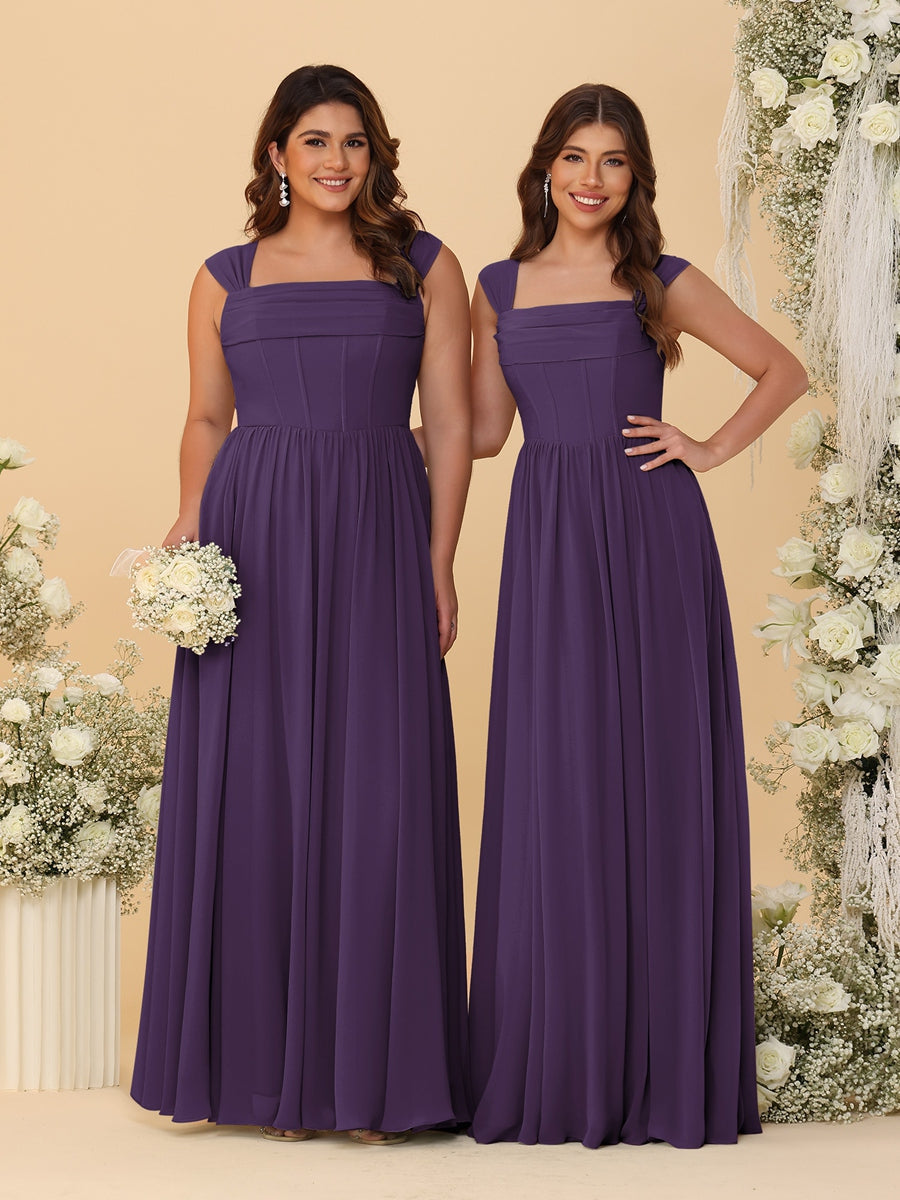 Chiffon A-Line/Princess Square Neck Sleeveless Bridesmaid Dresses with Pleats Grape