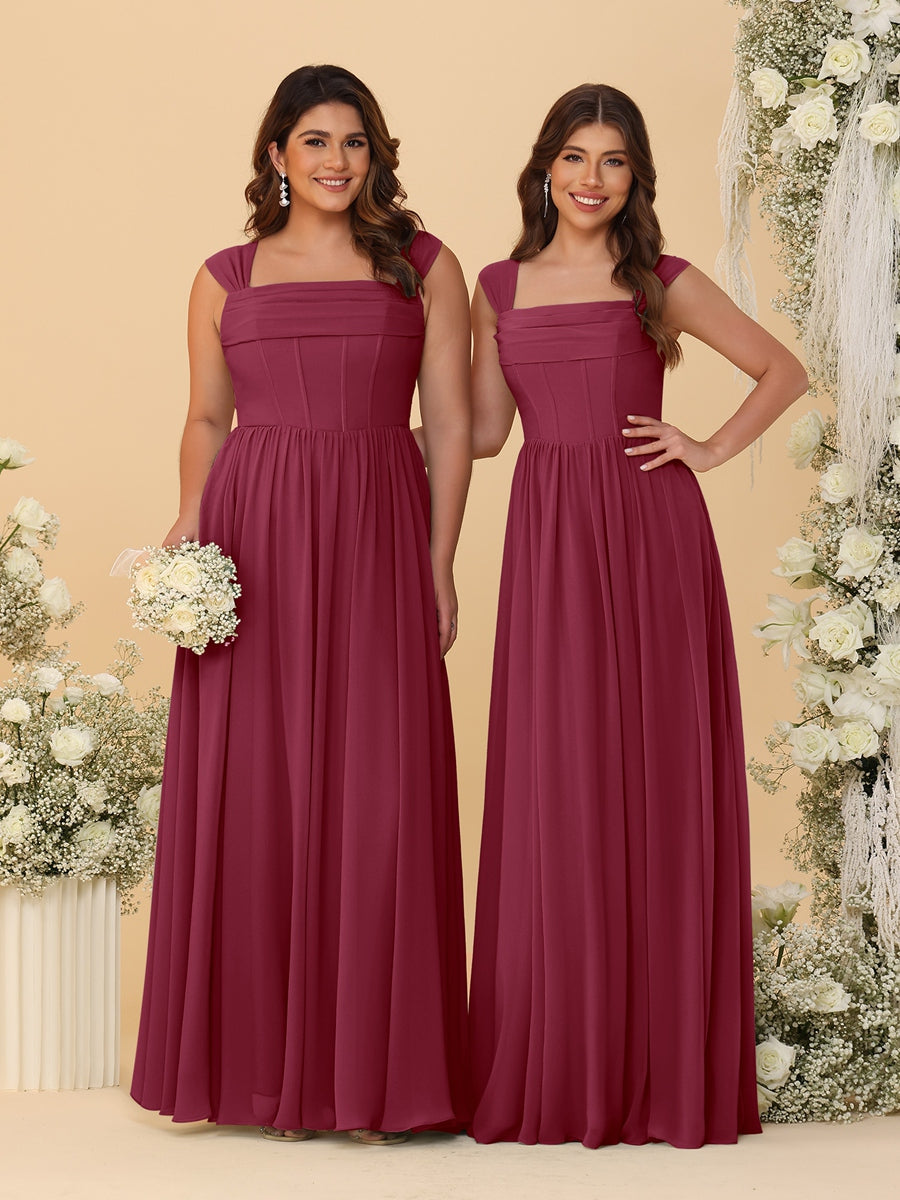Chiffon A-Line/Princess Square Neck Sleeveless Bridesmaid Dresses with Pleats Light Burgundy