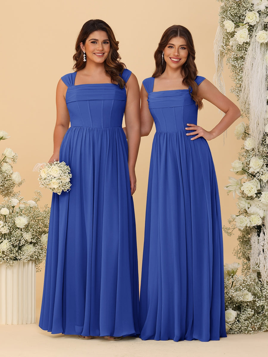 Chiffon A-Line/Princess Square Neck Sleeveless Bridesmaid Dresses with Pleats Light Royal Blue