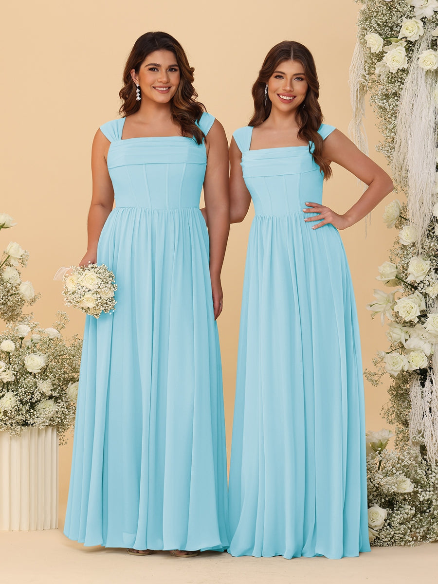 Chiffon A-Line/Princess Square Neck Sleeveless Bridesmaid Dresses with Pleats Light Sky Blue