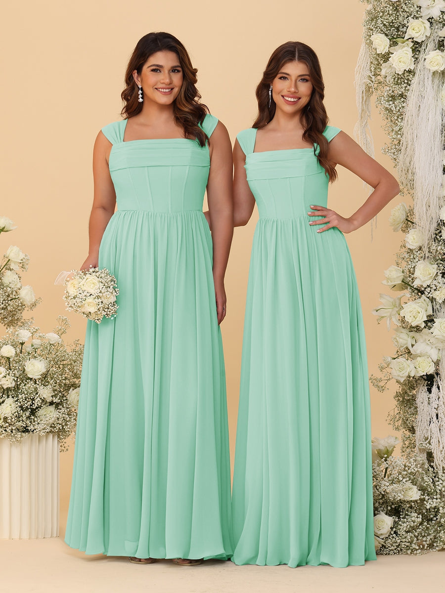 Chiffon A-Line/Princess Square Neck Sleeveless Bridesmaid Dresses with Pleats Mint Green
