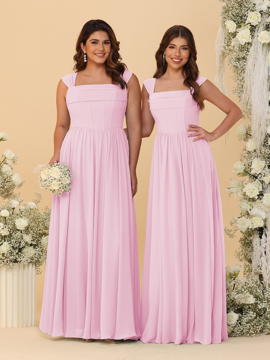 Chiffon A-Line/Princess Square Neck Sleeveless Bridesmaid Dresses with Pleats Pink