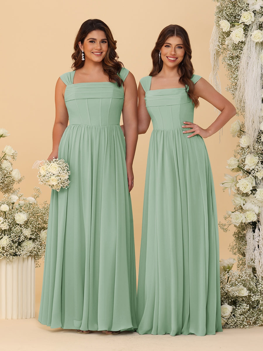 Chiffon A-Line/Princess Square Neck Sleeveless Bridesmaid Dresses with Pleats Sage